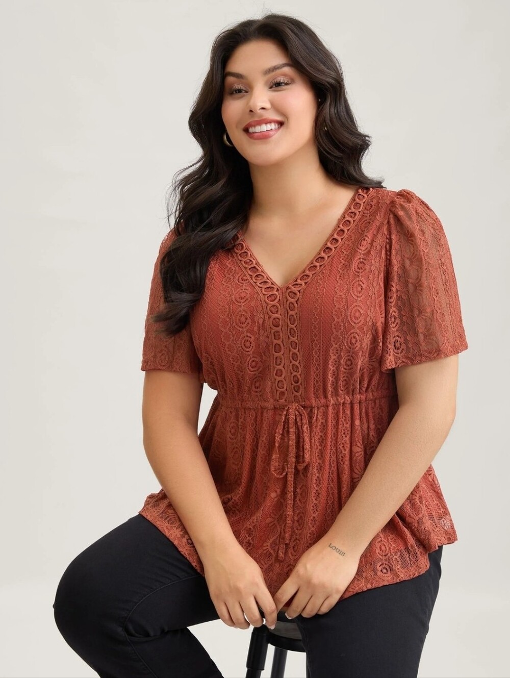 BloomChic Russet Lace V-Neck Peplum Drawstring Top, Size XL-14-16